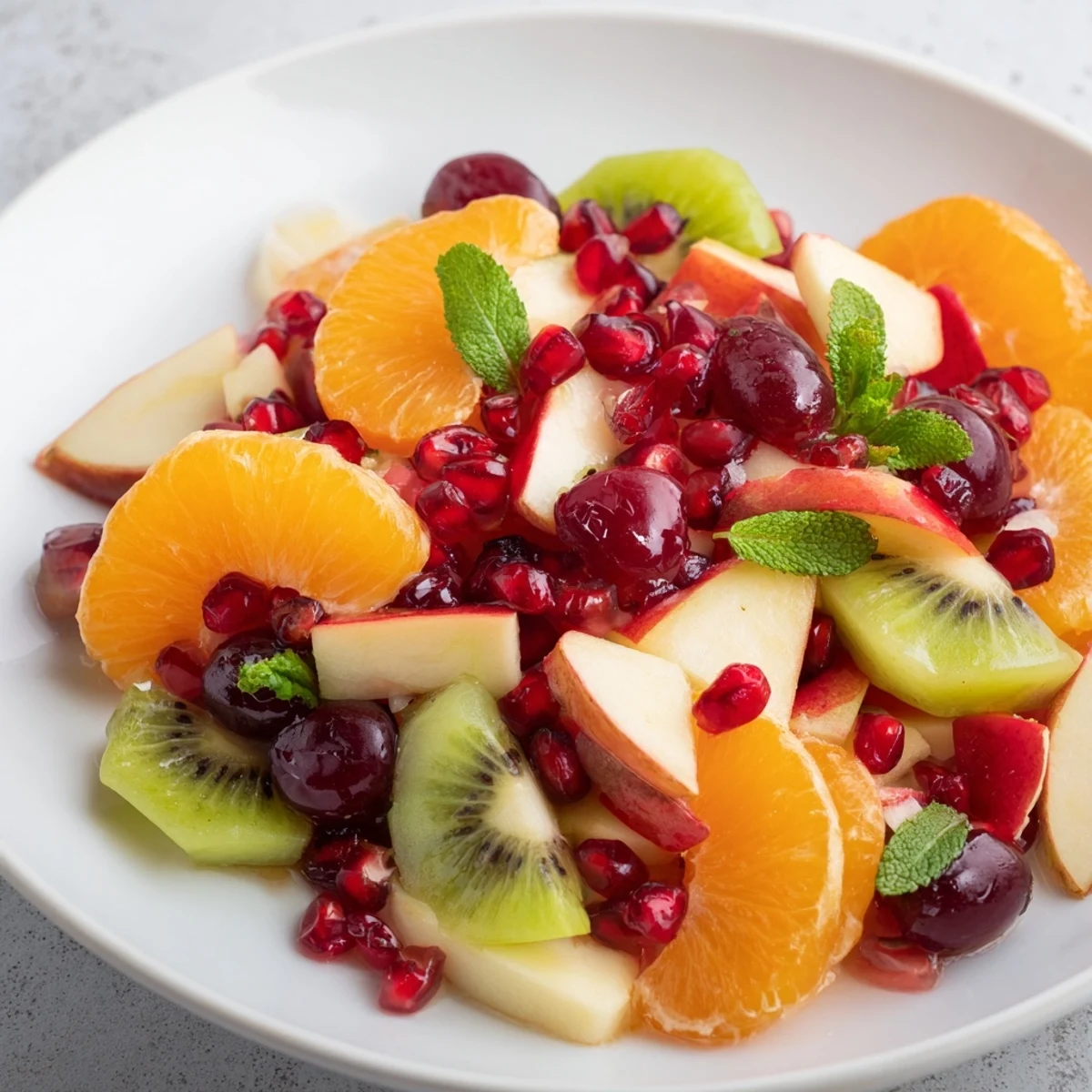 Vibrant Winter Fruit Salad with Honey Lime Dressing, bursting with colorful, fresh fruit and drizzled for flavor.