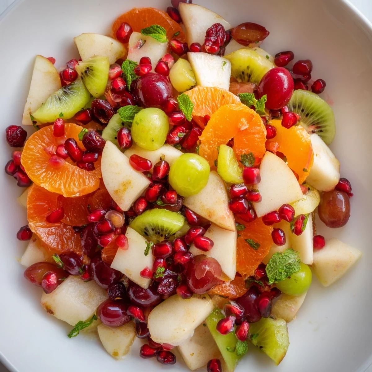 Enjoy a bowl of delicious Winter Fruit Salad with Honey Lime Dressing, garnished with mint for a flavorful bite.