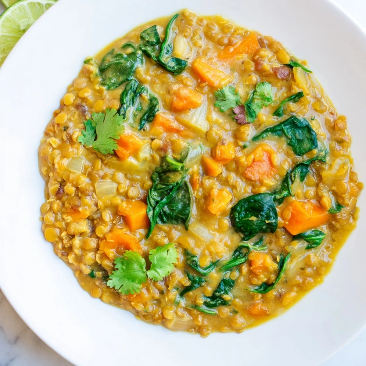 A steaming bowl of coconut curry lentil soup, garnished with fresh cilantro and lime wedges.