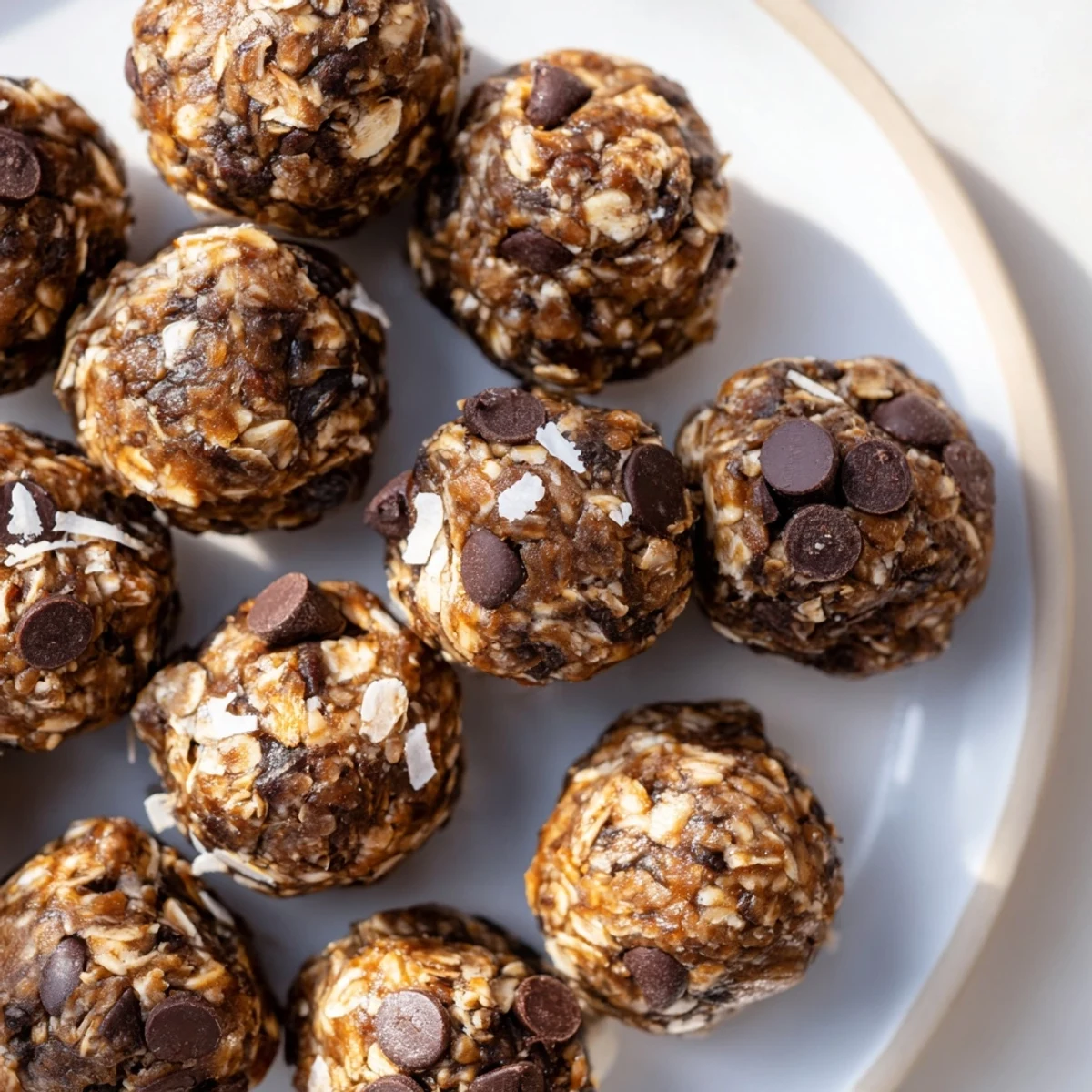 Close-up shot: See the delicious texture of Chocolate Peanut Butter Energy Balls, studded with mini chocolate chips.