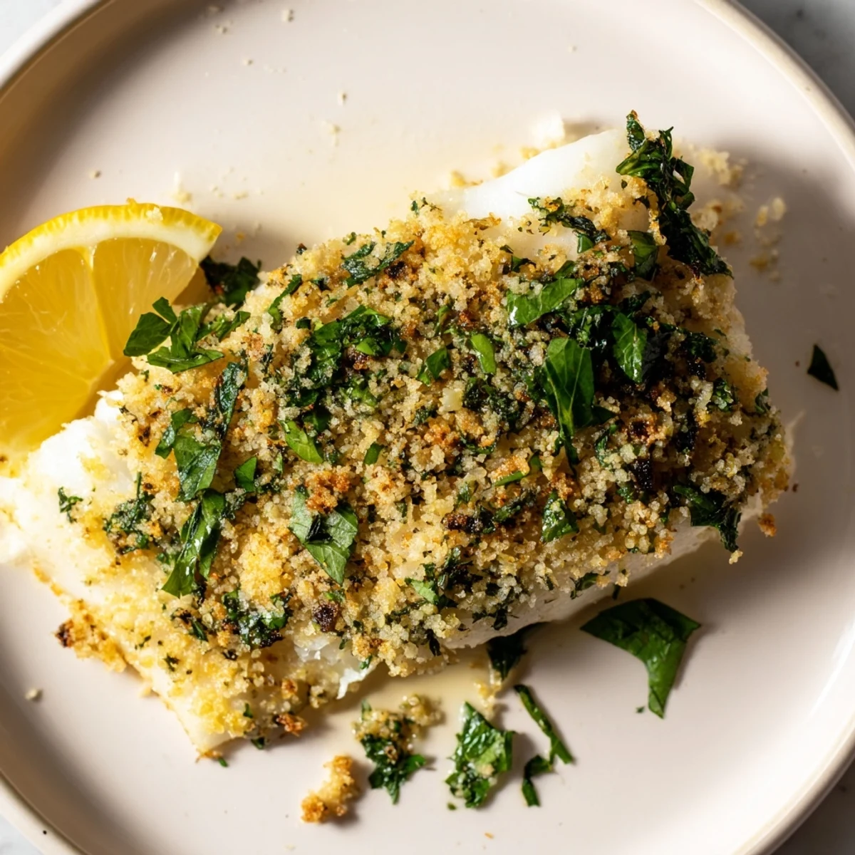 Golden brown Baked Cod with Lemon Herb Butter Crumb, ready to serve with lemon wedges.