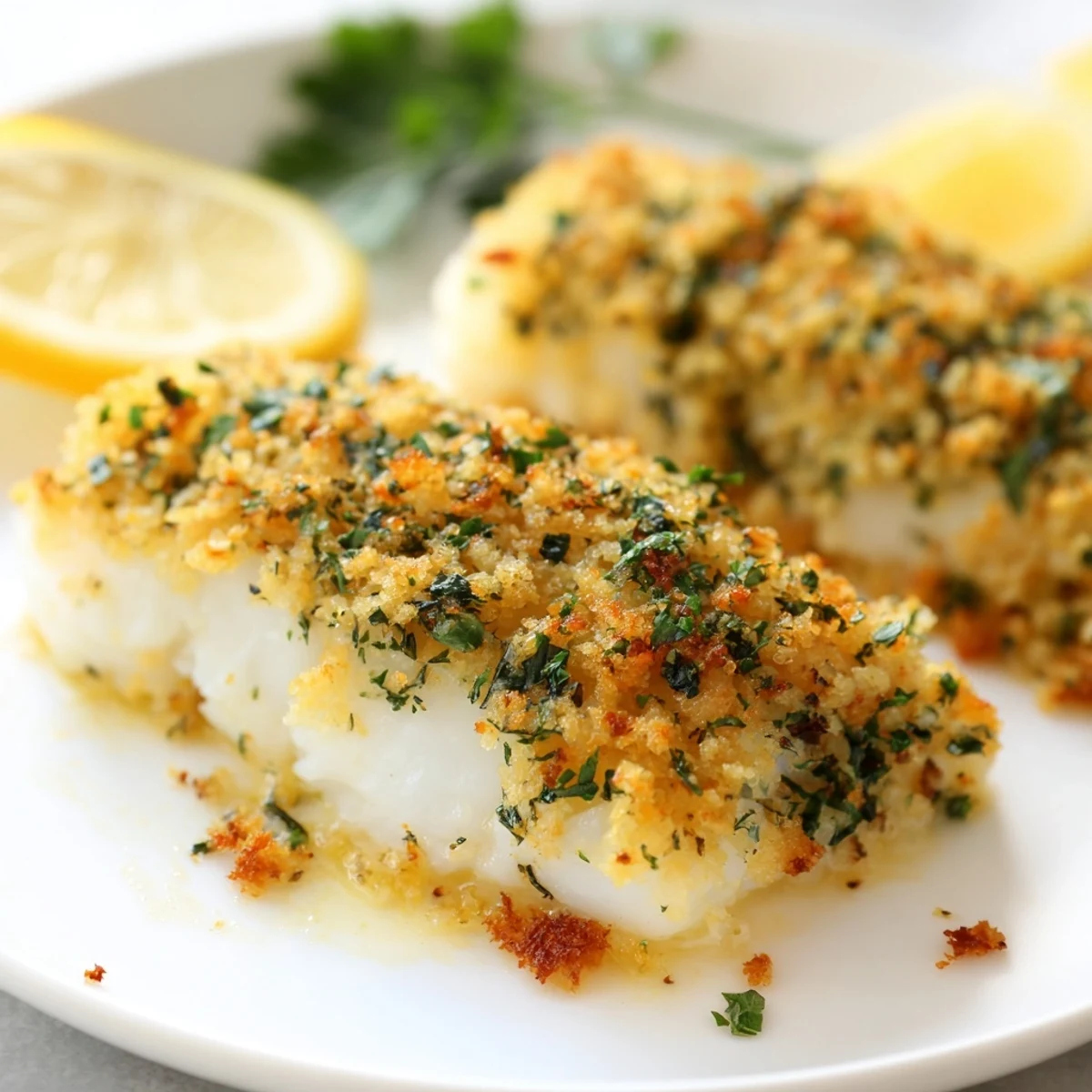 Flaky, baked cod topped with a flavorful lemon herb butter crumb, perfect weeknight dinner idea.