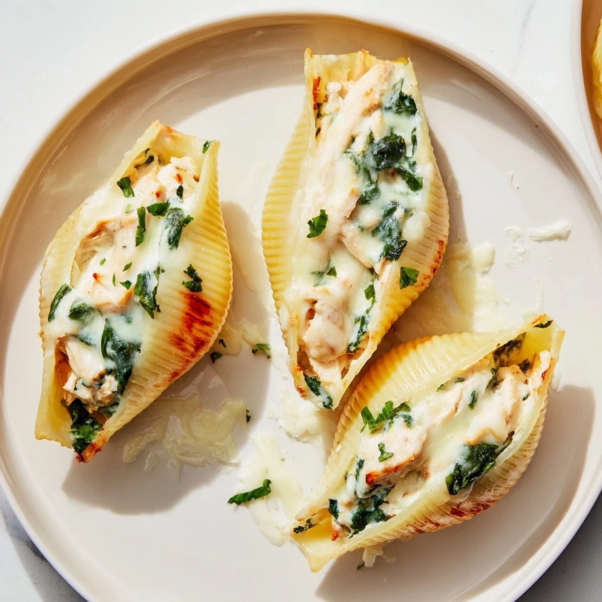 Chicken Alfredo Stuffed Shells with spinach, bubbly, golden brown, ready for a delicious Italian-American dinner.