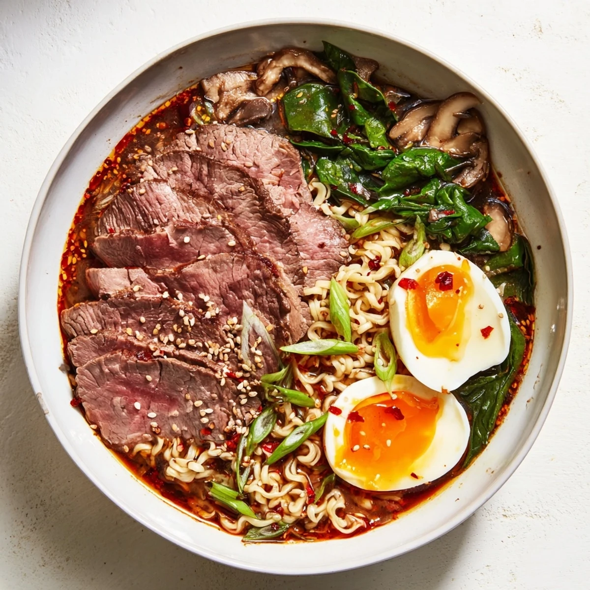 Steaming bowl of Spicy Beef Ramen with a perfectly soft-boiled egg and rich broth.