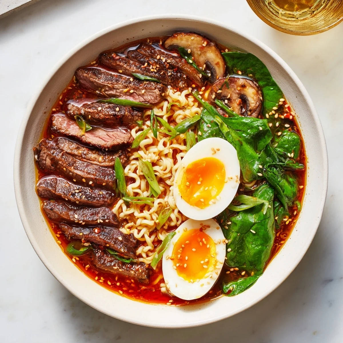 A vibrant photo: Spicy Beef Ramen with tender beef and colorful toppings, ready to eat.