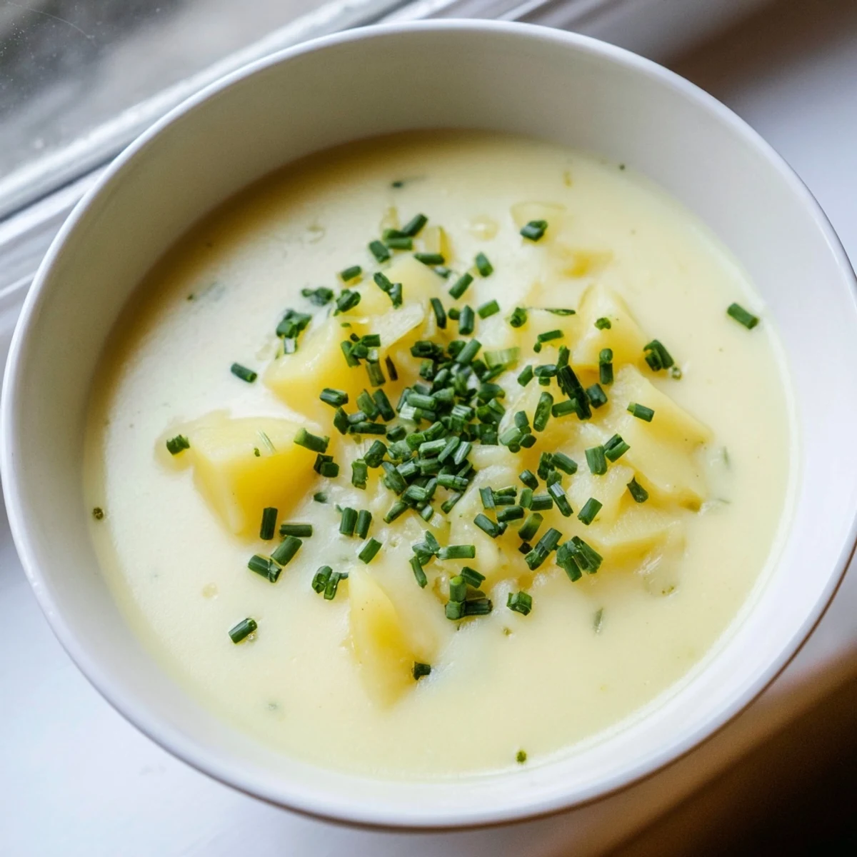 Creamy Potato Leek Soup garnished with vibrant chives, ready to be served hot and delicious.