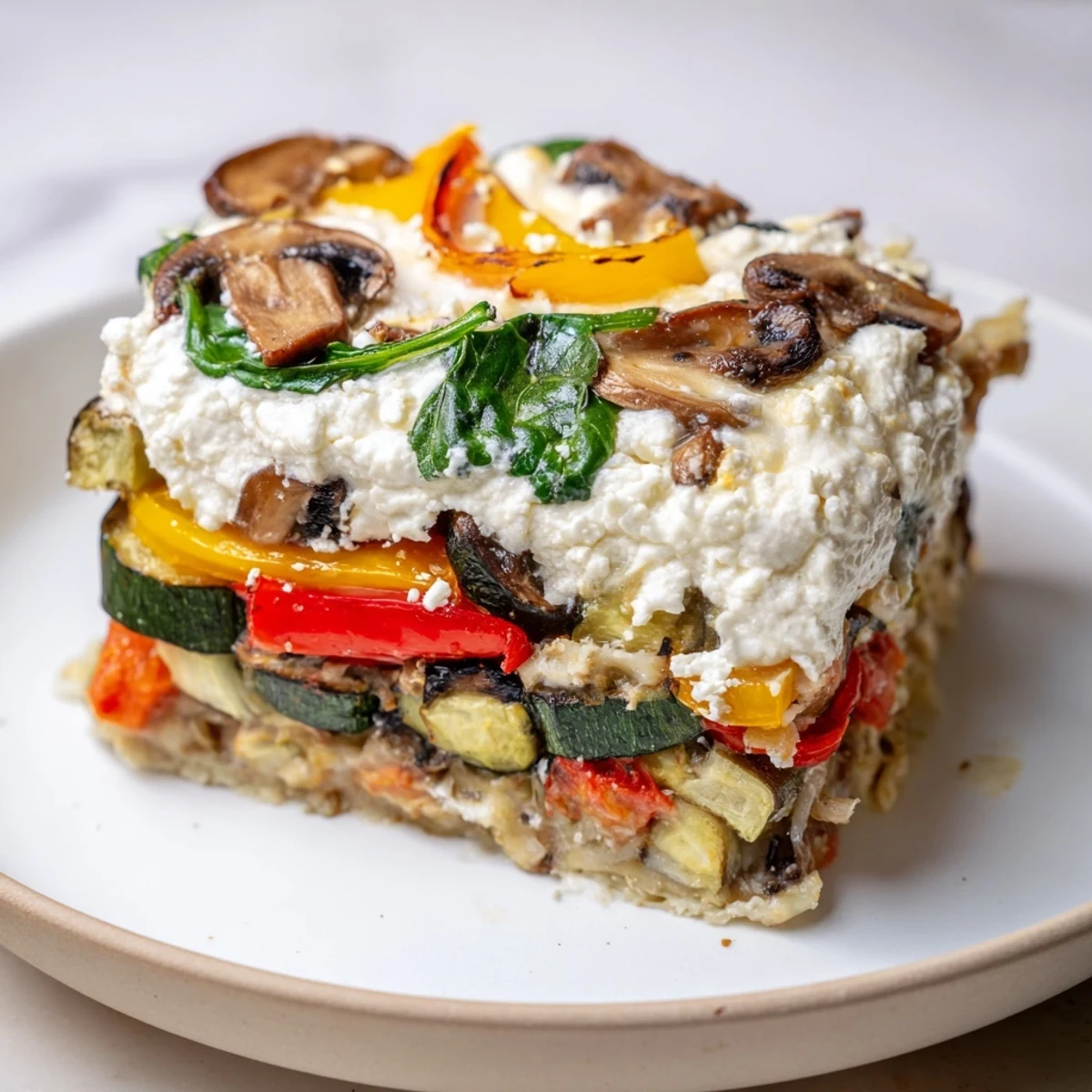 Steaming slices of Roasted Vegetable Lasagna with White Sauce, bubbling with melty mozzarella and golden edges.