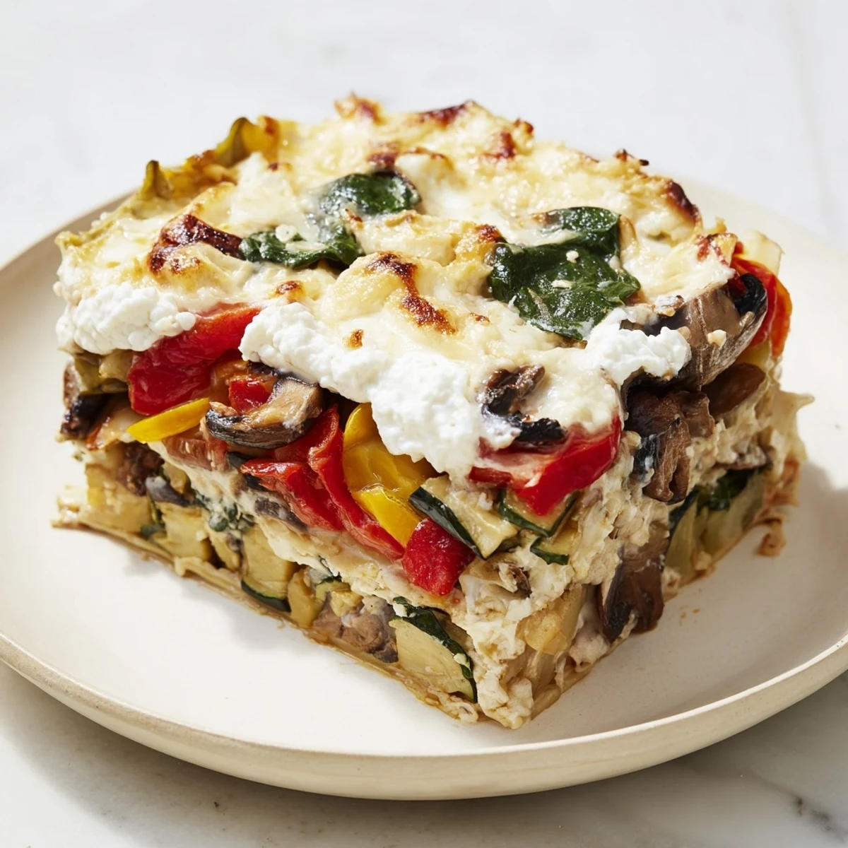 A close-up of a layered Roasted Vegetable Lasagna with White Sauce, showcasing roasted vegetables and creamy sauce.