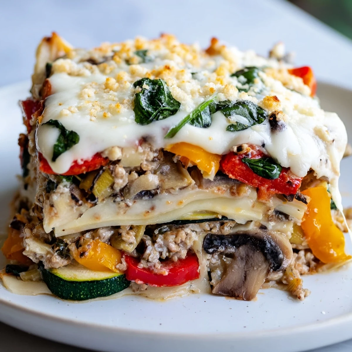 Freshly baked, flavorful Roasted Vegetable Lasagna with White Sauce, ready to serve with a side salad.