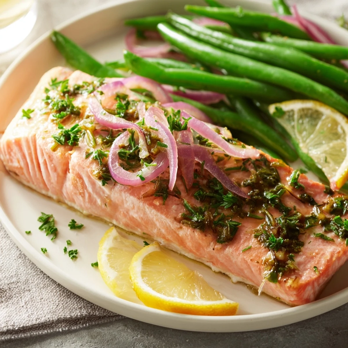 Flaky, roasted sheet pan salmon and green beans, beautifully garnished with fresh lemon wedges for serving.