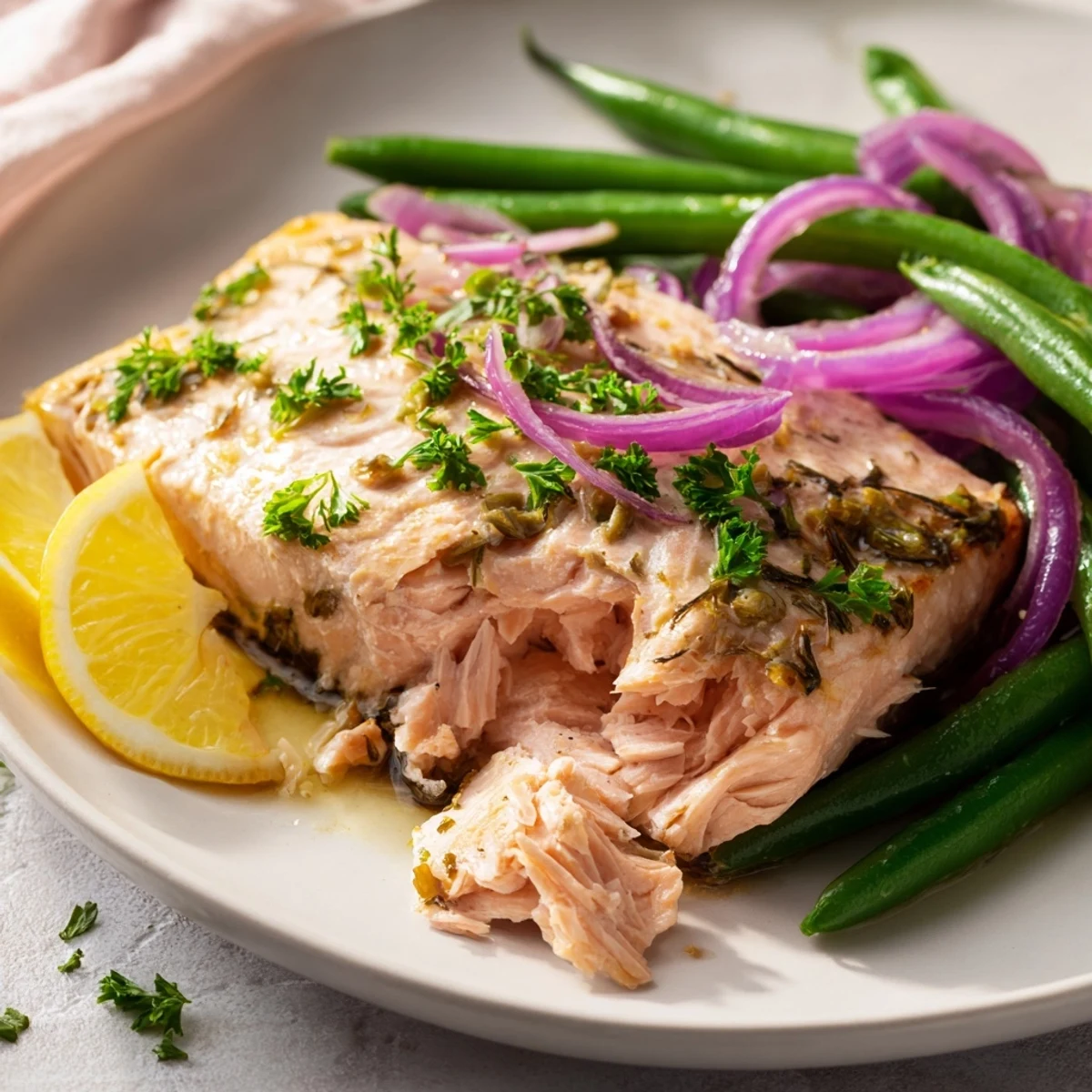 Sizzling sheet pan salmon with green beans, cooked to perfection, a healthy and delicious American dinner.