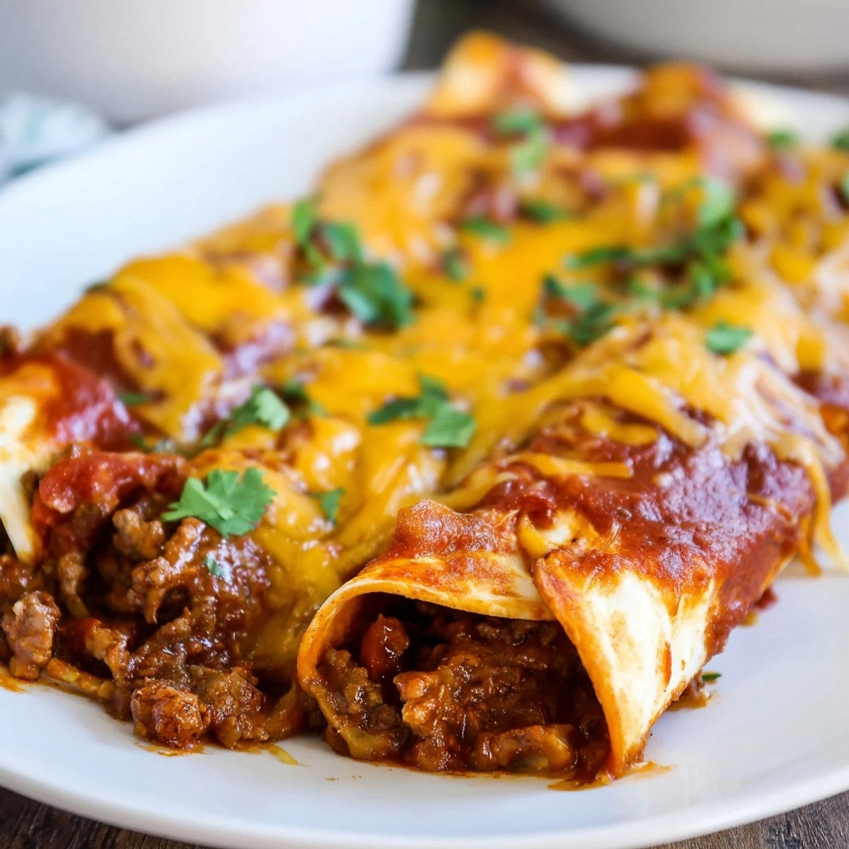 Golden-brown Beef Enchiladas with Red Enchilada Sauce, topped with fresh cilantro and melted cheese, served hot in a ceramic baking dish.