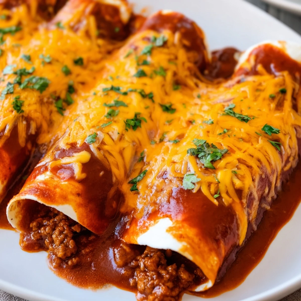 Baked Beef Enchiladas with Red Enchilada Sauce, overflowing with savory ground beef and cheese inside soft, sauce-smothered tortillas on a rustic table.