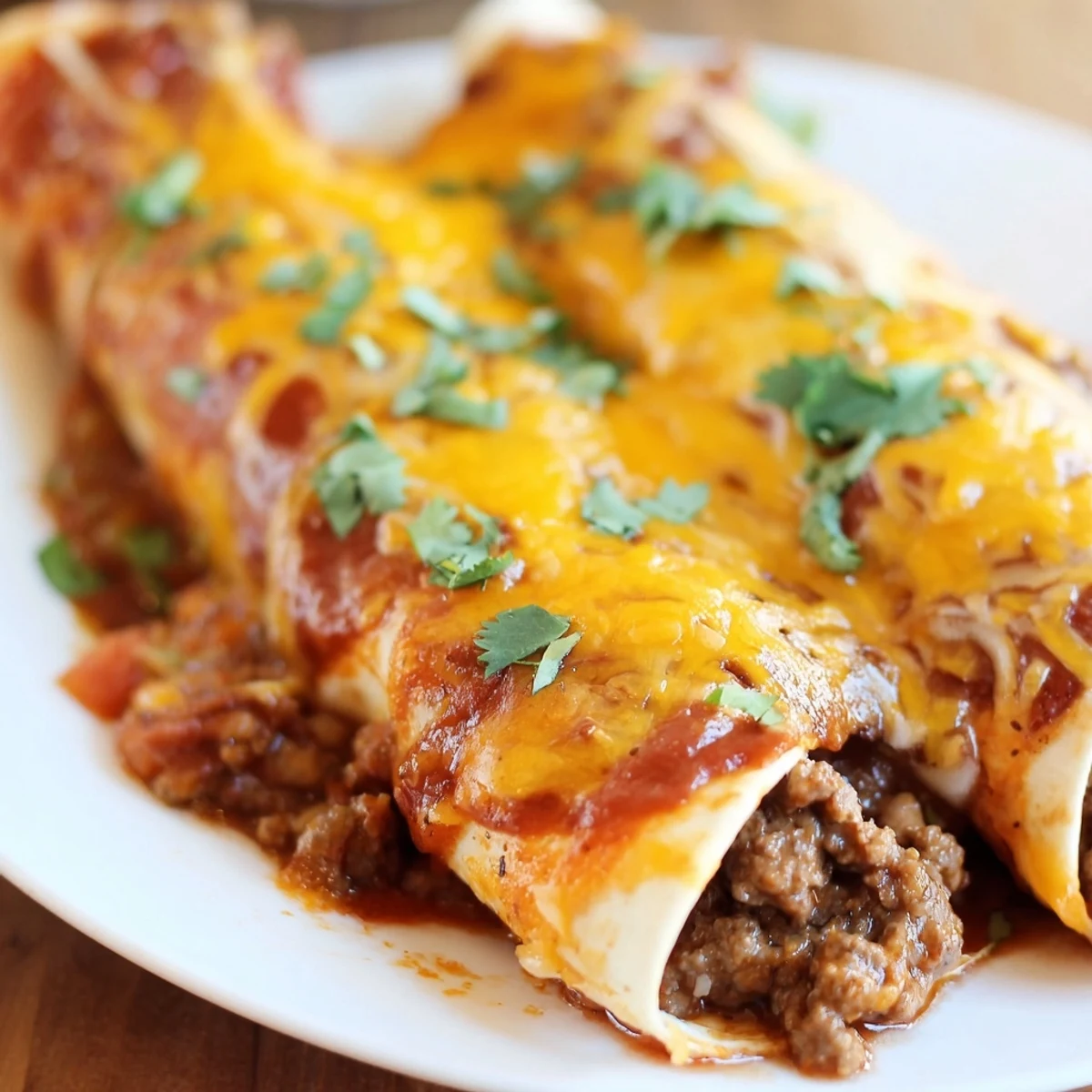 Close-up of Beef Enchiladas with Red Enchilada Sauce, featuring melted cheddar cheese, rich red sauce, and fresh cilantro garnish for serving.
