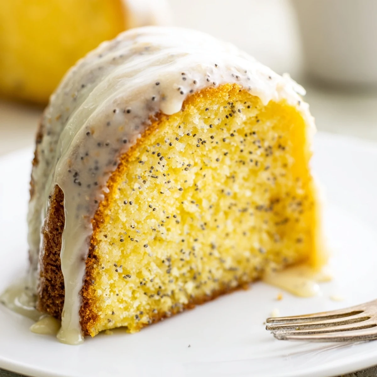Freshly baked Lemon Poppy Seed Bundt Cake cooling on a wire rack, with a glossy lemon glaze dripping down the ridges.