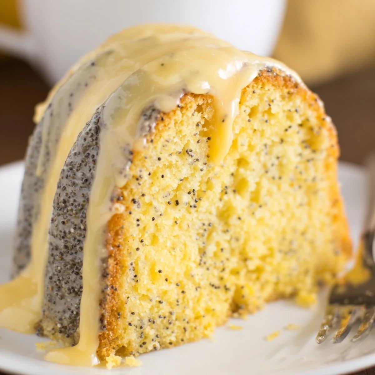 A sliced wedge of Lemon Poppy Seed Bundt Cake reveals a tender, moist interior dotted with crunchy poppy seeds on a plate.