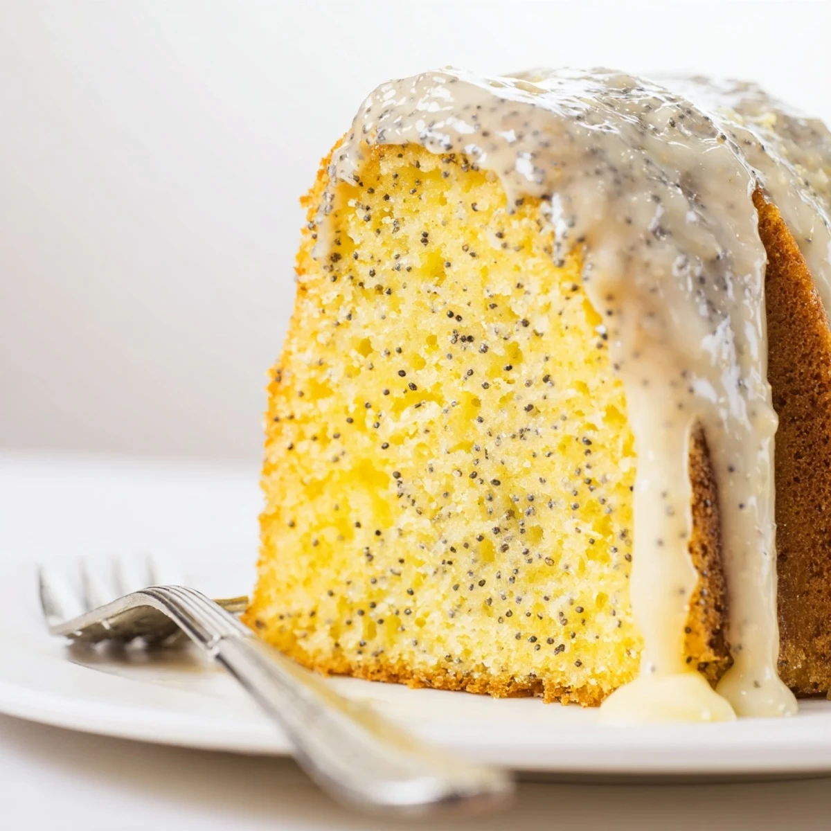 Served on a white platter, the Lemon Poppy Seed Bundt Cake is garnished with fresh lemon zest and a pot of tea.