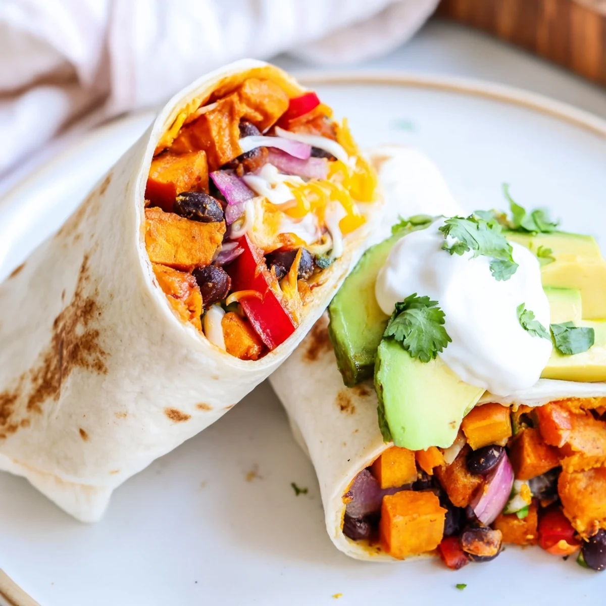Golden roasted sweet potato and black bean burritos with avocado and cilantro on a rustic plate.