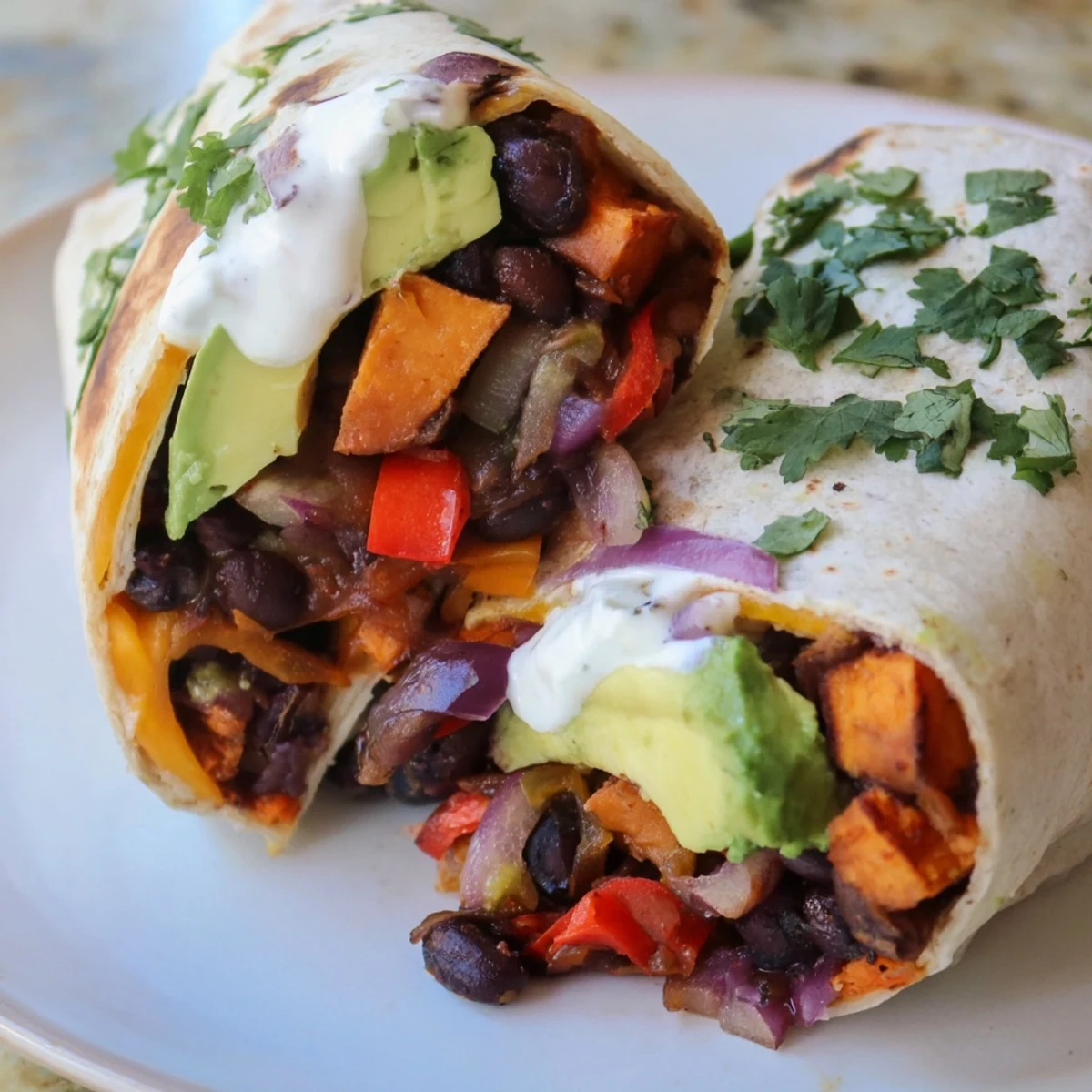 A warm, tightly wrapped roasted sweet potato and black bean burrito served with lime wedges.