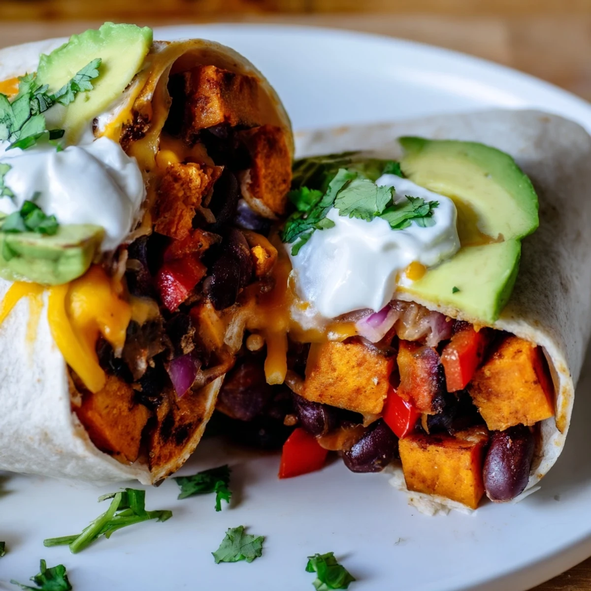 Caramelized sweet potato and black bean burritos topped with sour cream and fresh cilantro.