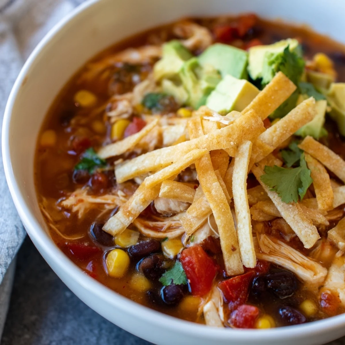 Steaming bowl of Chicken Tortilla Soup garnished with crispy tortilla strips, diced avocado, fresh cilantro, and lime wedges.