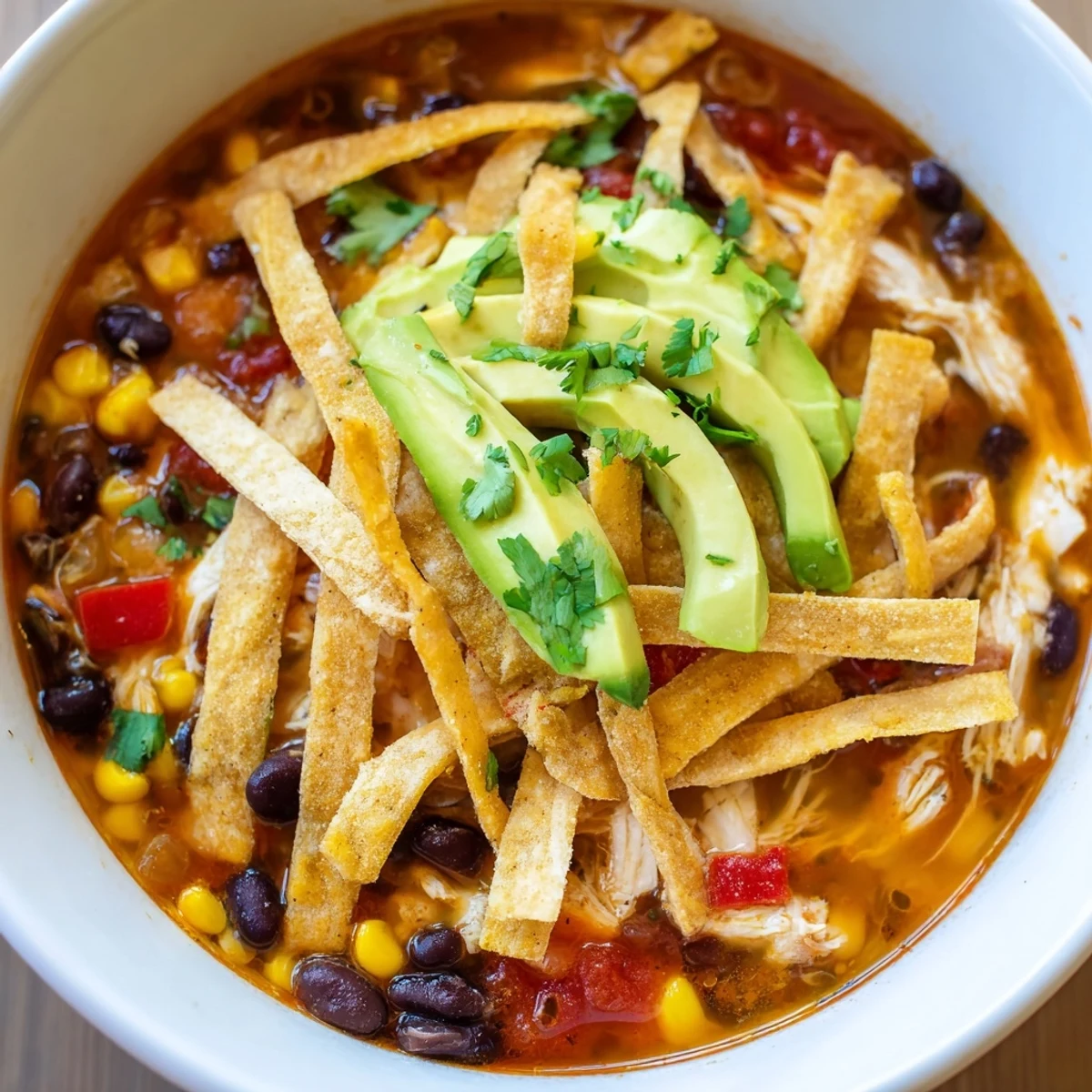Close-up of Chicken Tortilla Soup with black beans, corn, tender chicken, and crunchy tortilla strips in a rustic bowl.