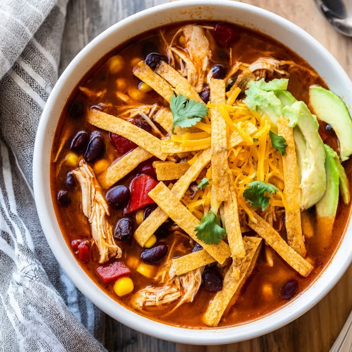 Homemade Chicken Tortilla Soup topped with golden crispy tortilla strips, fresh cilantro, and a squeeze of lime.