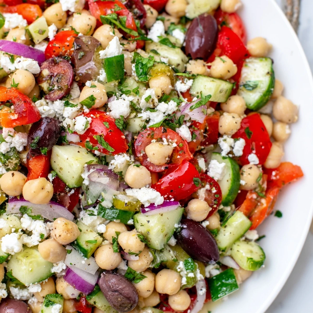 Fresh Mediterranean Chickpea Salad in a white bowl with vibrant red tomatoes, green cucumber, and crumbled feta cheese ready to serve.
