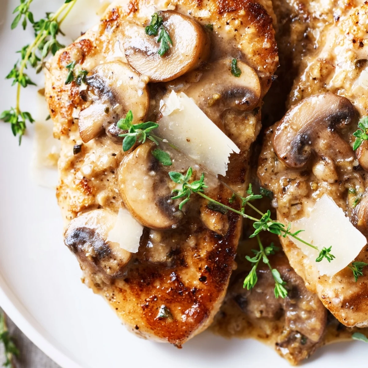 Tender, juicy chicken coated in creamy sauce next to caramelized onions and fresh thyme on a plate.