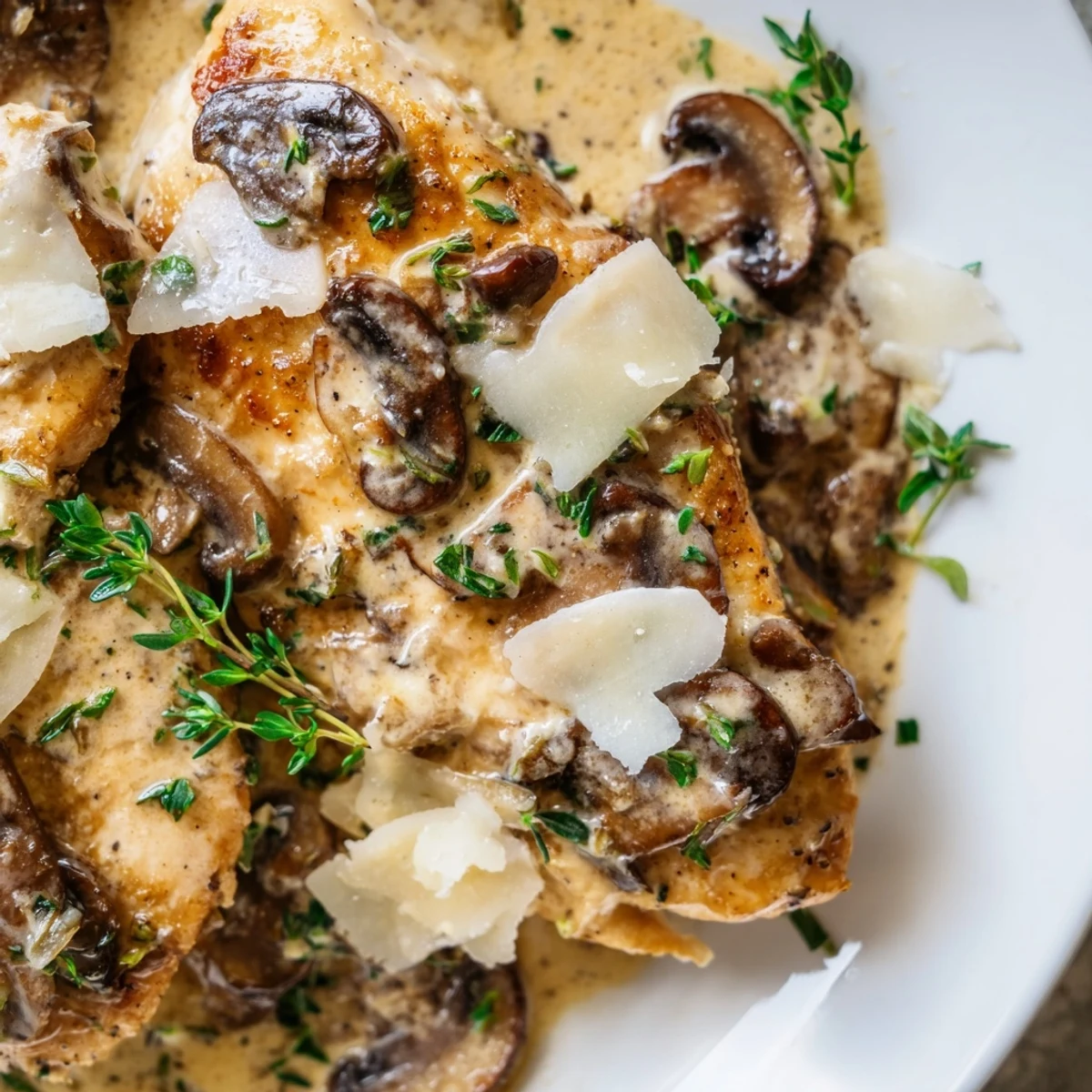 Golden-brown chicken breasts and sautéed mushrooms smothered in a rich, creamy garlic sauce inside a hot skillet.
