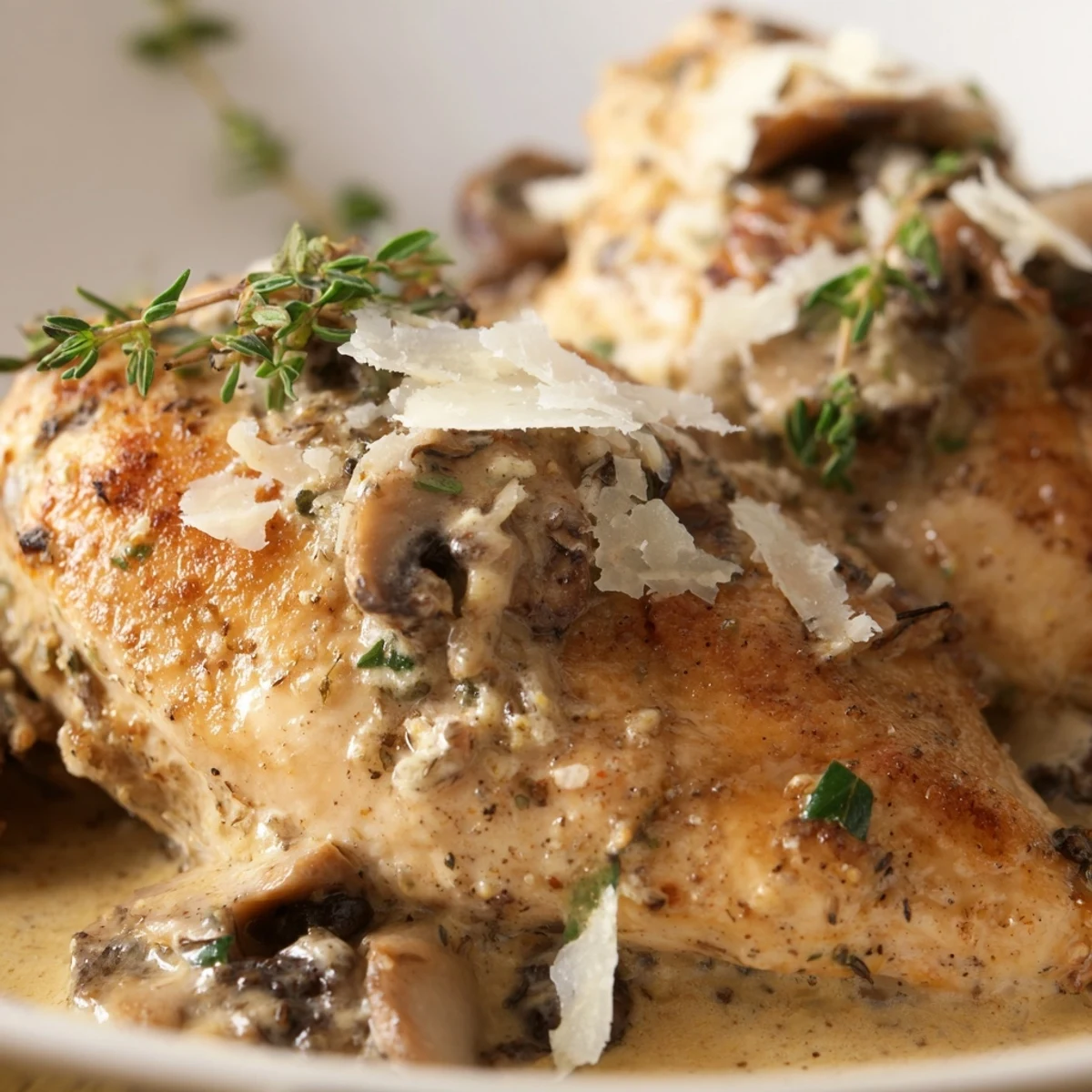 Hearty Chicken Mushroom Skillet served with mashed potatoes and fresh parsley, ready for a comforting weeknight dinner.