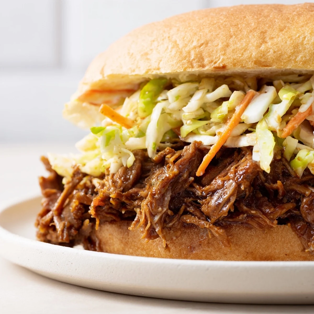 Freshly assembled Slow Cooker Pulled Beef Sandwiches piled high with tender shredded meat on soft buns, topped with crisp tangy slaw for a classic American meal.