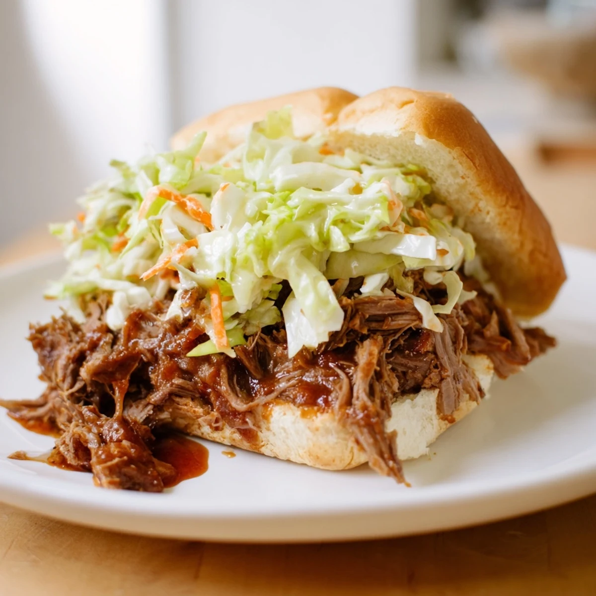 Savory Slow Cooker Pulled Beef Sandwiches with Slaw resting on a rustic wooden board next to a bowl of creamy vinegar-dressed cabbage.