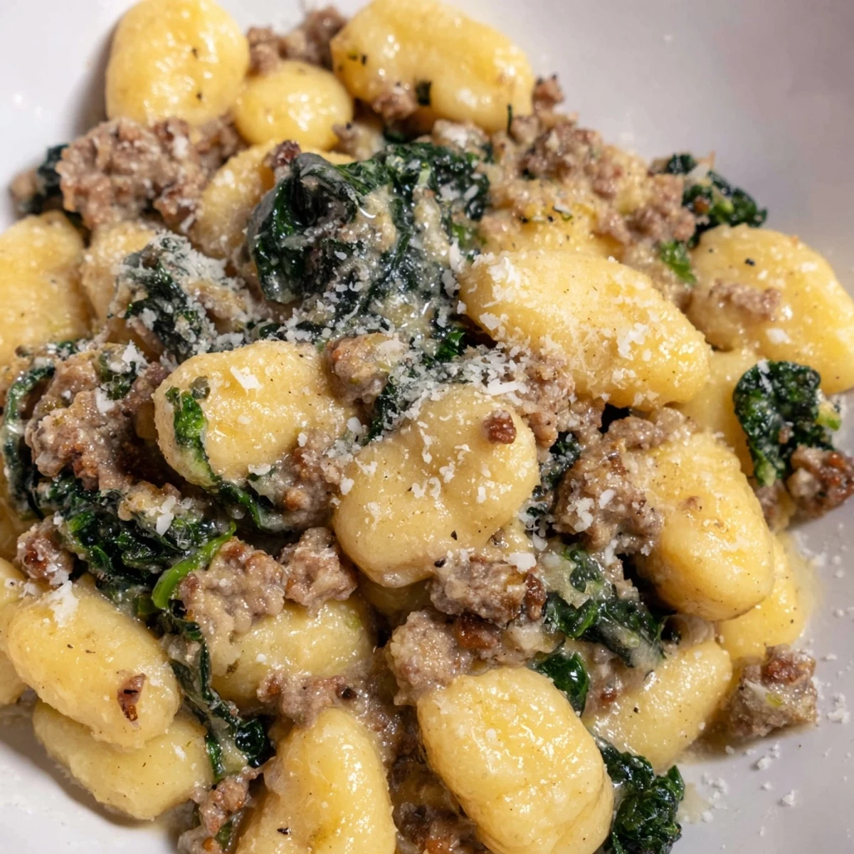 A hearty skillet of Creamy Gnocchi with Turkey Sausage and Kale topped with extra parmesan.