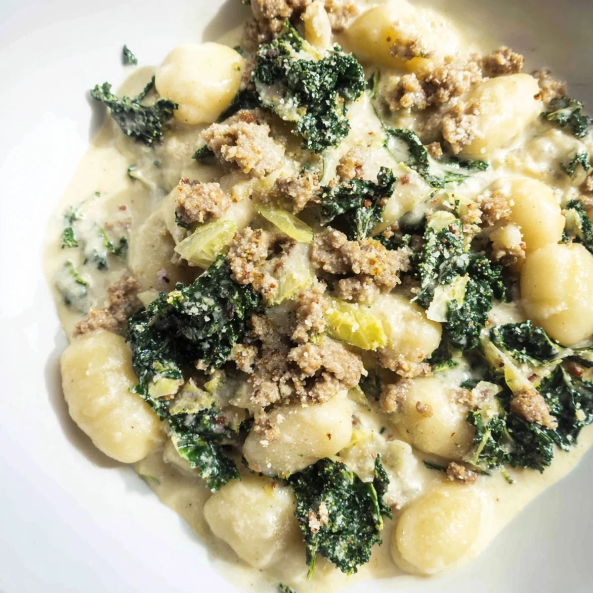 Creamy Gnocchi with Turkey Sausage and Kale served in a rustic bowl, garnished with parmesan.