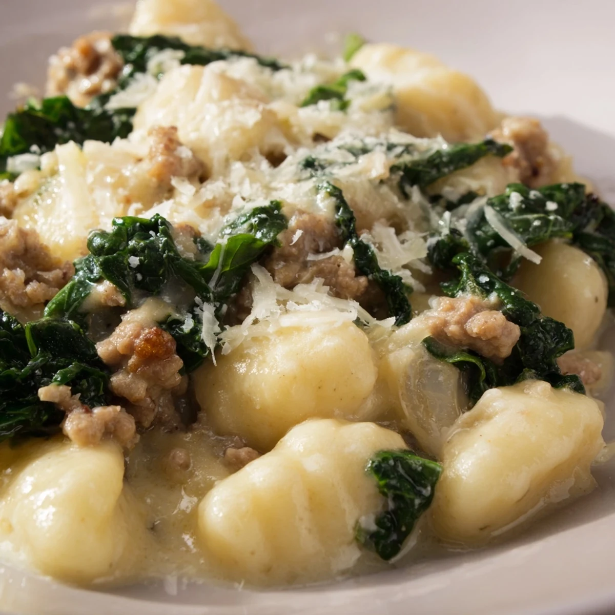 Freshly prepared Creamy Gnocchi with Turkey Sausage and Kale on a fork, ready to eat.