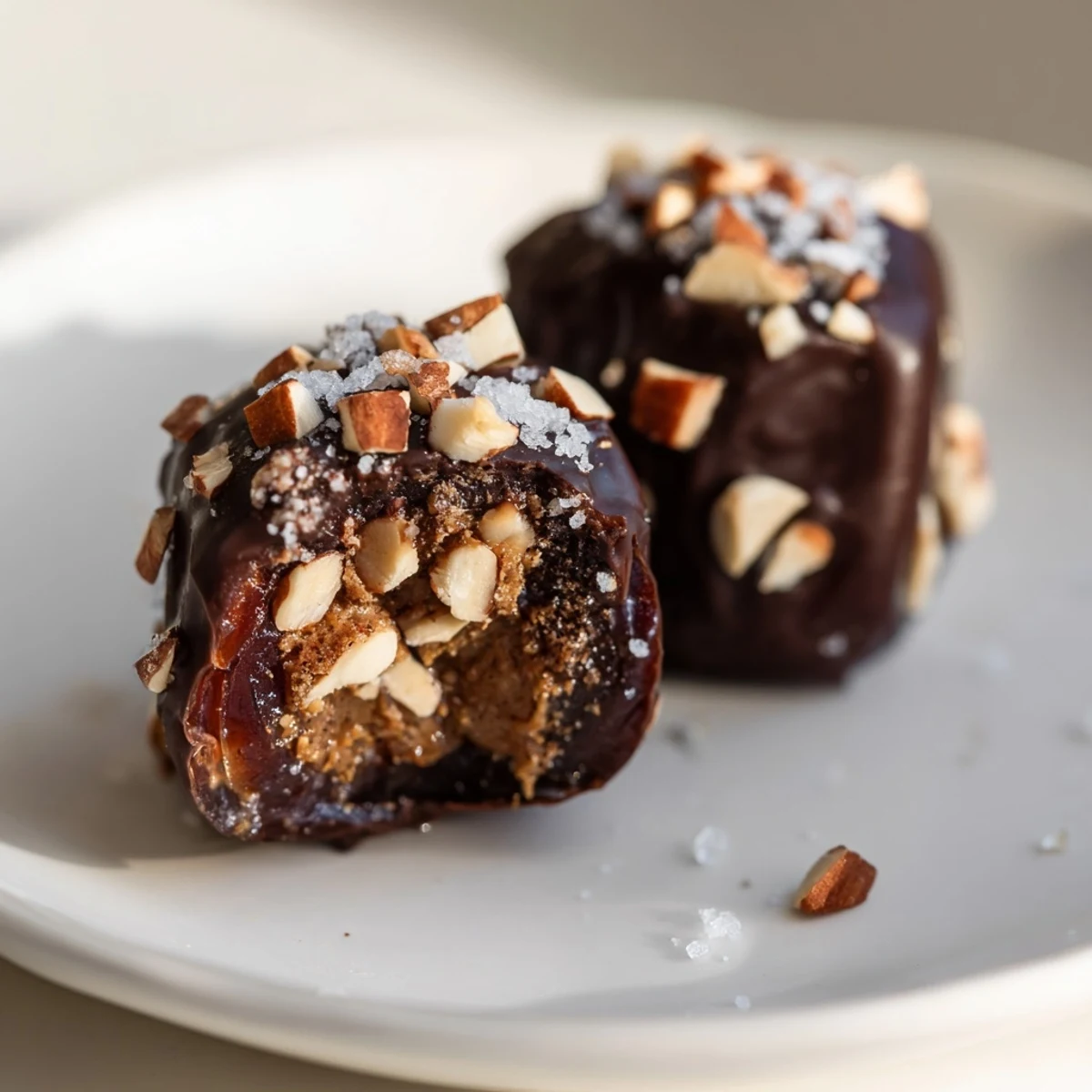 Four glossy dark chocolate covered dates stuffed with almond butter with chopped almonds.