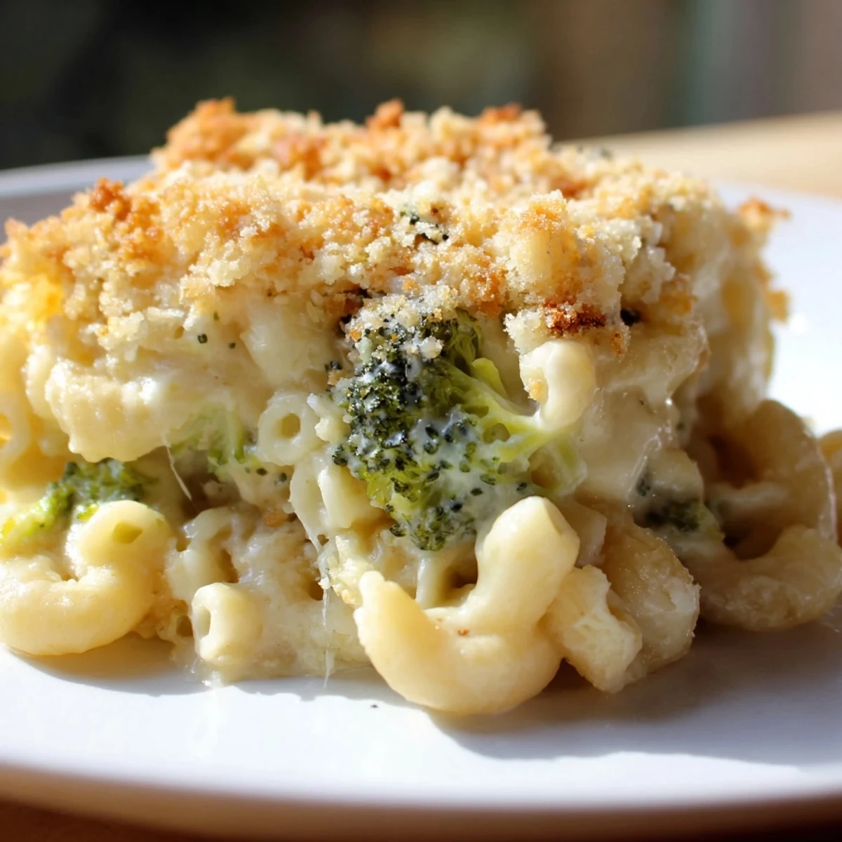 Served in a white baking dish, this Baked Macaroni and Cheese with Broccoli Florets makes a cozy family weeknight dinner.