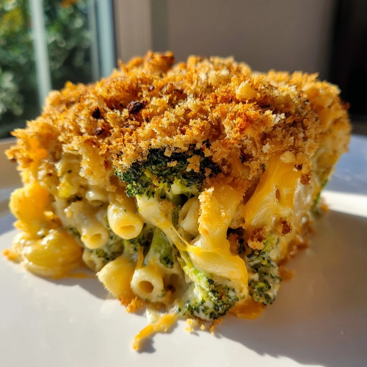 A close-up shows creamy Baked Macaroni and Cheese with Broccoli Florets and sharp cheddar sauce coating every elbow noodle.