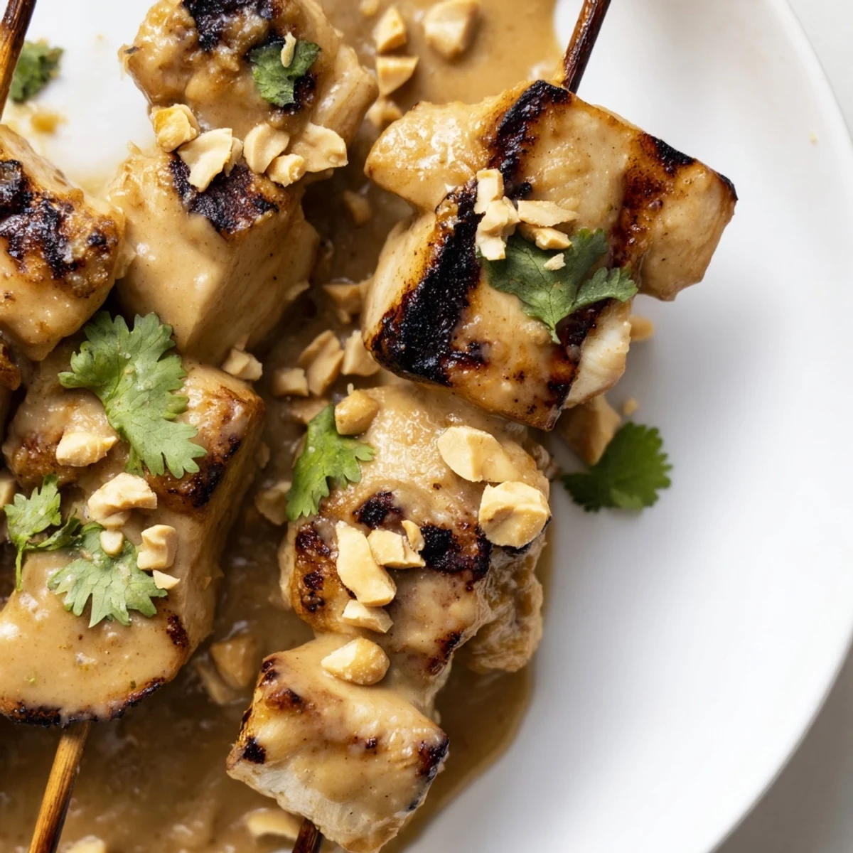Golden brown Grilled Chicken Skewers with Satay Sauce resting on a platter with fresh lime wedges and cilantro.