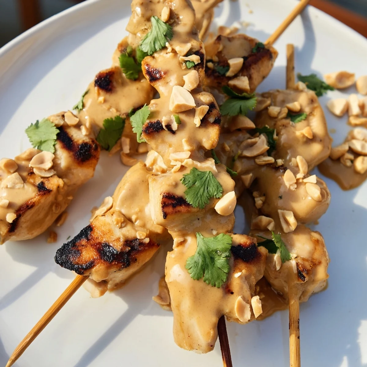 Juicy Grilled Chicken Skewers with Satay Sauce stacked high on a rustic wooden serving board for a barbecue.