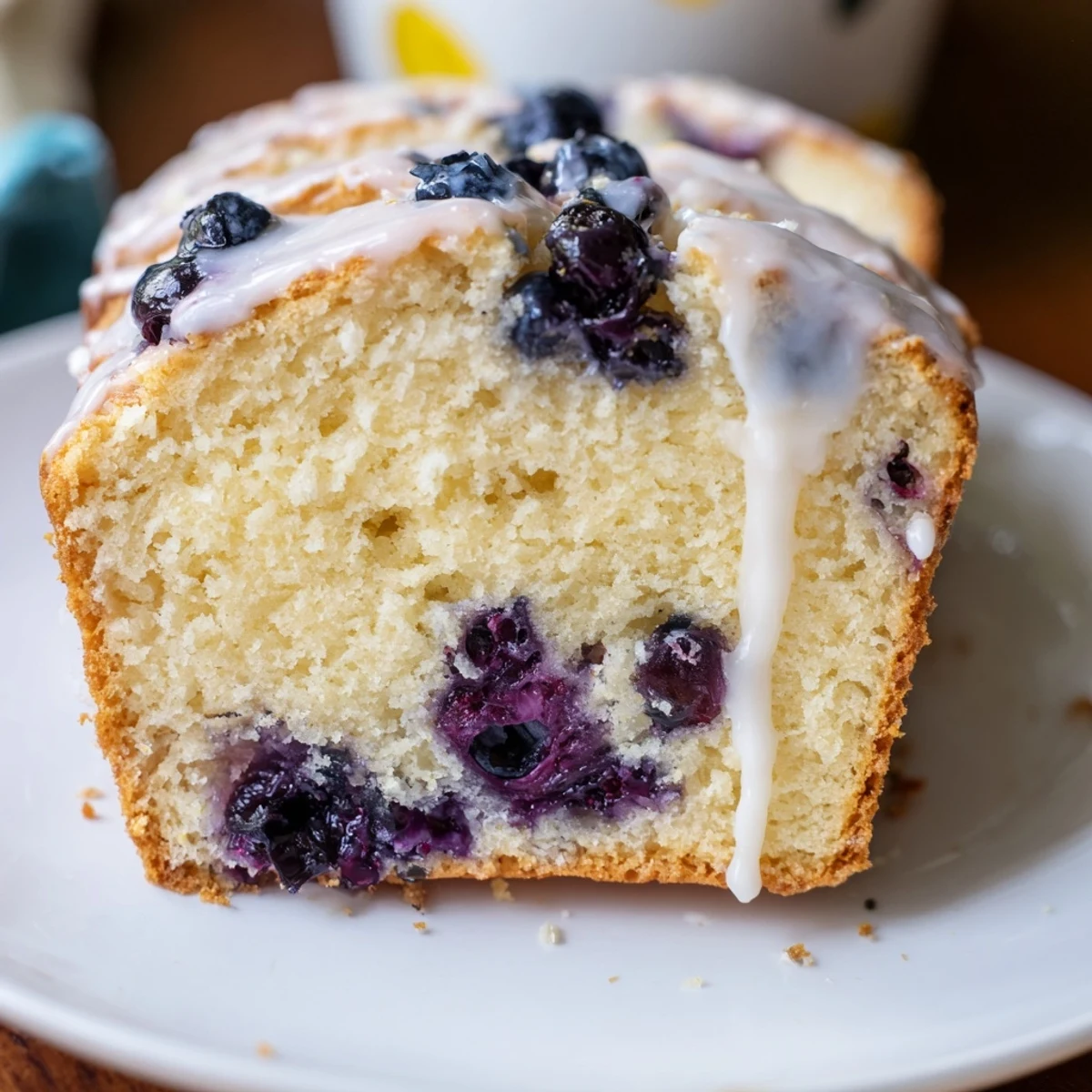 Freshly baked Lemon and Blueberry Yogurt Loaf with a golden crust and sweet glaze dripping down the sides.