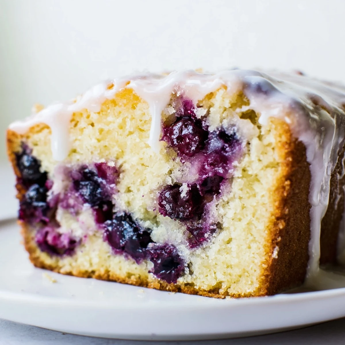 A slice of moist Lemon and Blueberry Yogurt Loaf on a plate, ready to serve with a cup of tea.