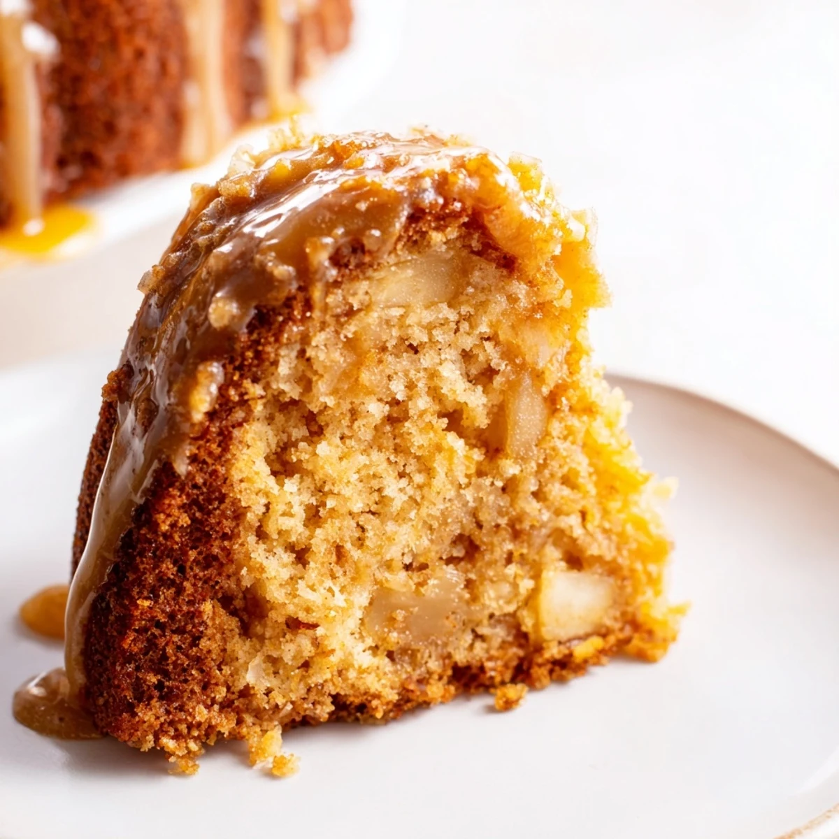Freshly baked Spiced Apple Cider Bundt Cake with a glossy glaze on a rustic wooden table, radiating warmth.