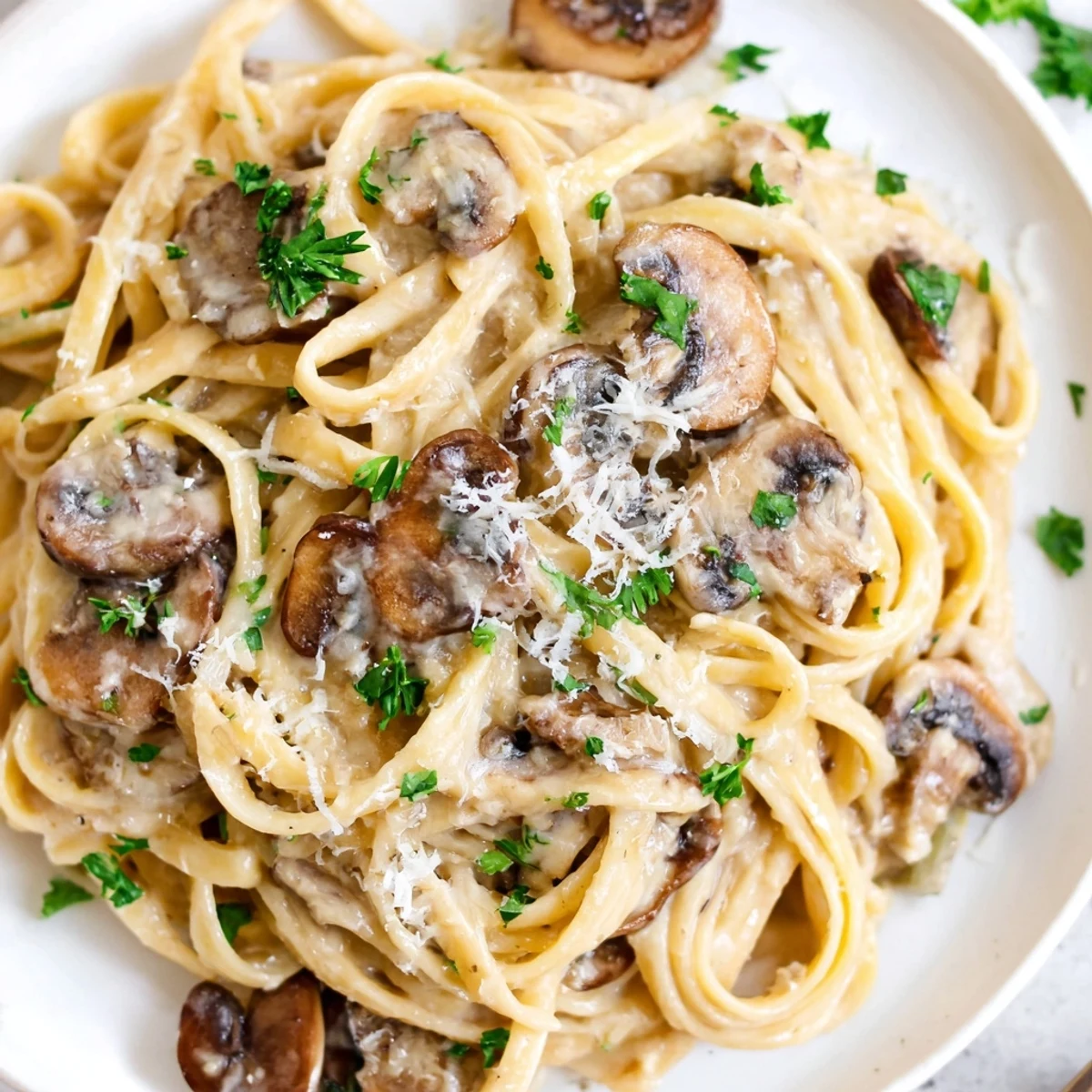 Golden sautéed mushrooms and silky fettuccine noodles in a creamy Alfredo sauce, ready to serve for dinner