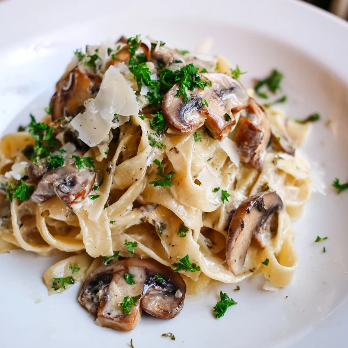 A close view of Creamy Fettuccine Alfredo with Mushrooms twirled on a fork with extra Parmesan