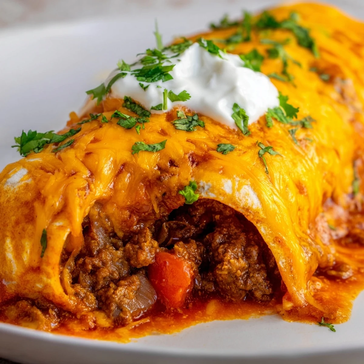 Golden, bubbly cheese tops freshly baked Beef Enchiladas with Homemade Sauce, garnished with cilantro and served with sour cream.