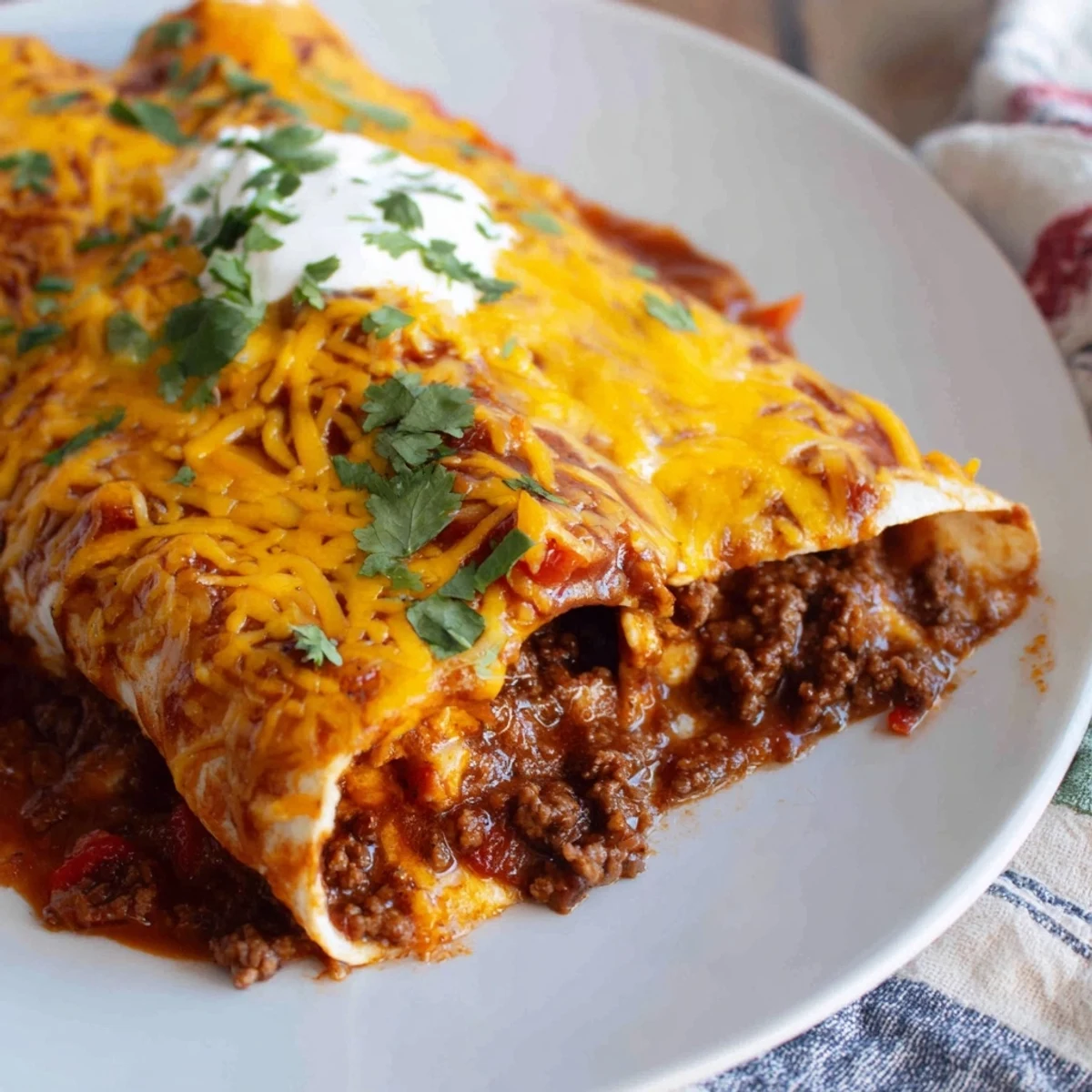 A close-up of Beef Enchiladas with Homemade Sauce, featuring rich red sauce and melted cheese on a rustic dinner table.