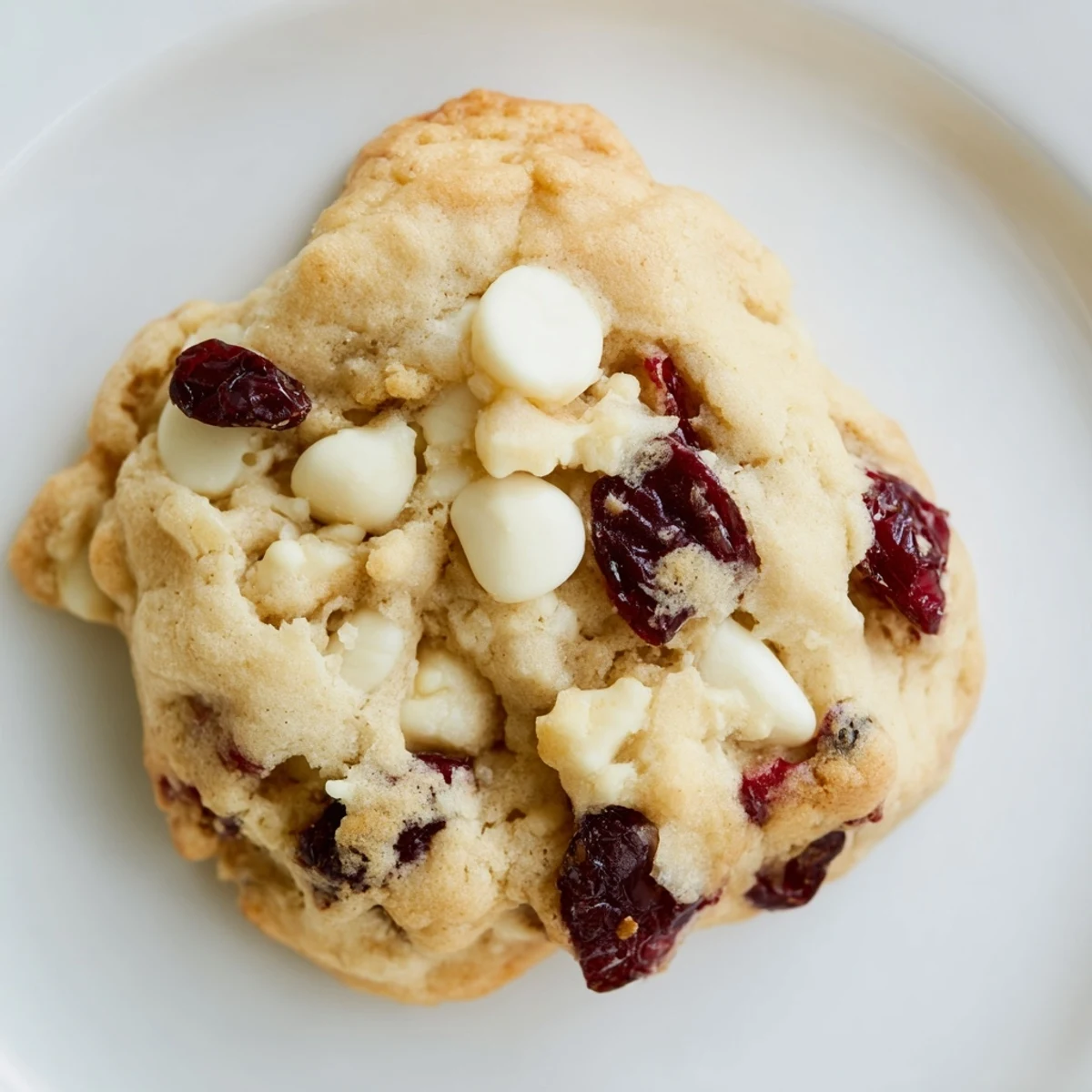 A plate of White Chocolate and Cranberry Cookies beside a warm mug of coffee on a cozy table.