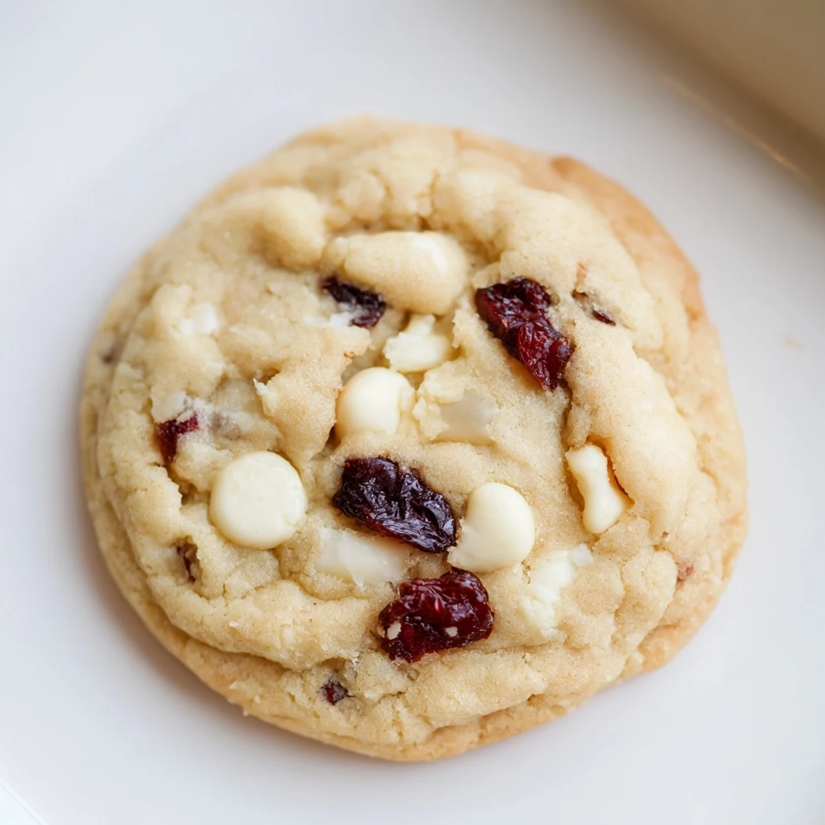 Close-up of White Chocolate and Cranberry Cookies with creamy white chips and tart dried cranberries.